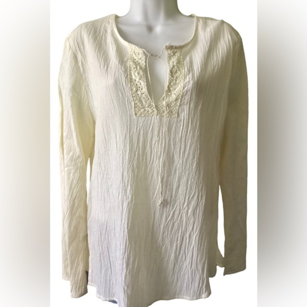 NWT! Peasant Crinkle Long Sleeve Beige Tunic Medium Top Blouse
